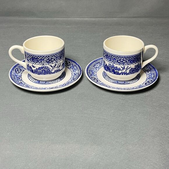 Churchill Staffordshire England Blue Willow Porcelain Tea Cup and Saucer Set - Picture 2 of 16